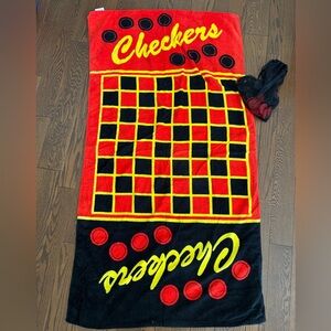 Checker Board Beach Towel Game w/ Pieces Checkers Mesh Bag Black Red Outdoor